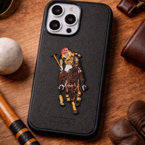 🏇 Royal Polo Rider Embroidered Leather iPhone Case – Black